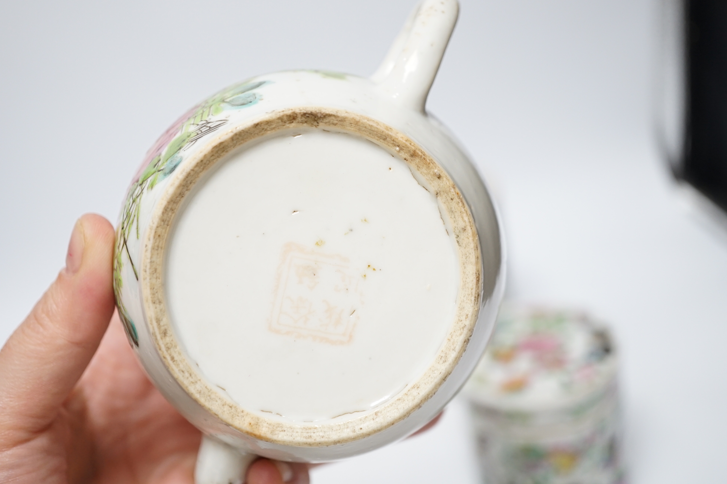 A group of 19th/20th century Chinese famille rose boxes and covers and jars etc., tallest 11.5cm